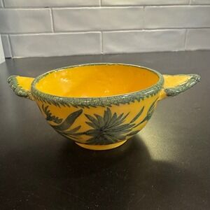 France Pottery Lug Handled Bowl Small Yellow Green Floral Hand Painted Vintage